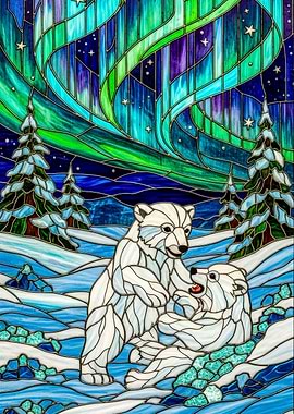 Polar Bears Under Aurora Borealis
