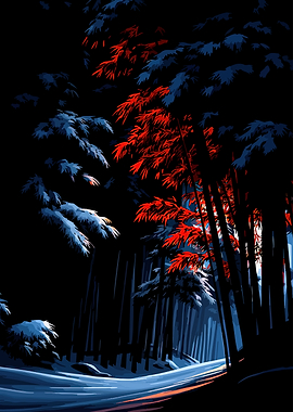 Dark Bamboo Forest with Red and Blue Accents