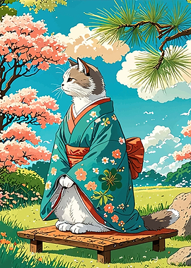 Cat in Kimono in Japanese Garden