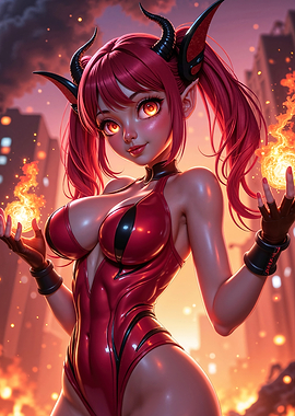 Sexy Anime Devil Girl with Fire Magic