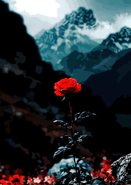 Red Rose in Mountain Landscape
