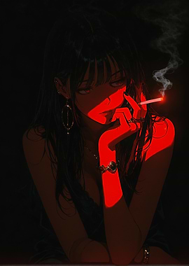 Anime Girl Smoking in Red Light