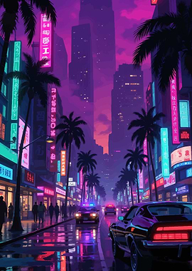 Retro Neon City Street at Night