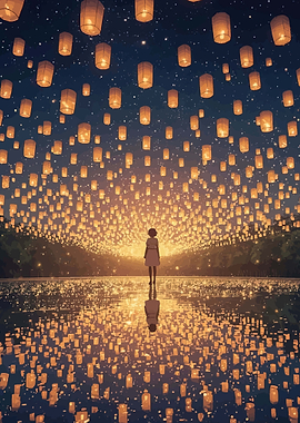 Girl watching sky lanterns over water