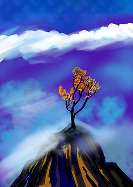 Tree on a misty mountain peak