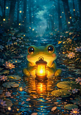 Cute Frog Holding a Lantern in a Forest