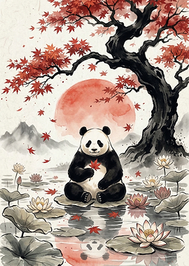 Panda with Maple Leaves and Lotuses