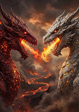 Dragons breathing fire in a volcanic landscape