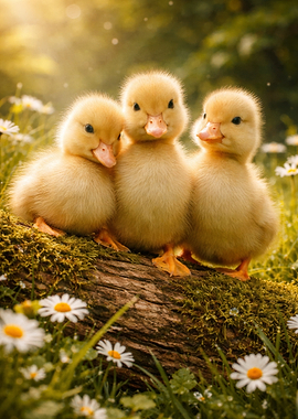 Three Adorable Ducklings on a Log