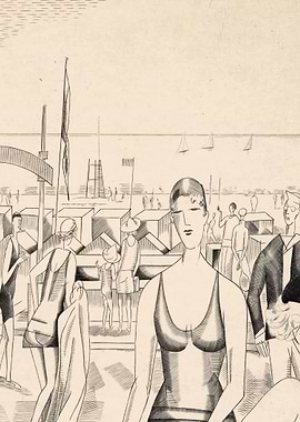 Art Deco Beach Scene with Fashionable Figures