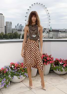 Zendaya in a checkered skirt and chain top