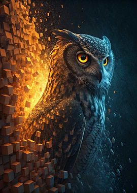 Fiery Owl Exploding into Cubes