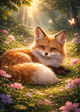 Cute Fox in a Flower Meadow