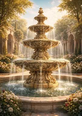 Ornate Garden Fountain with Flowers
