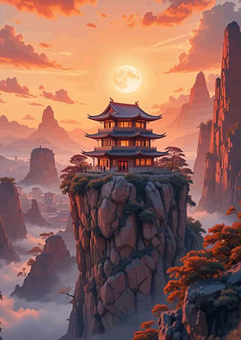 Pagoda on a Cliff at Sunset