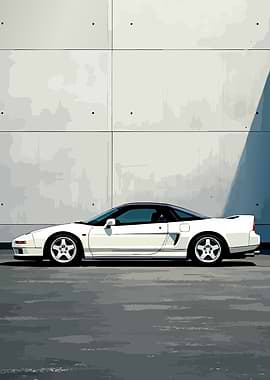 White Acura NSX parked against concrete wall