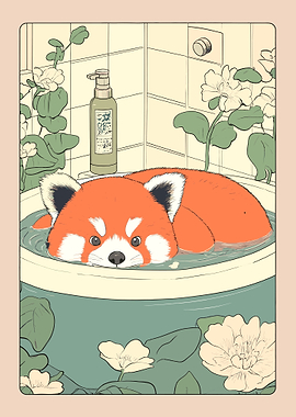 Red Panda Bathing with Flowers