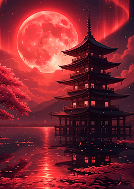 Red Moon Pagoda Landscape