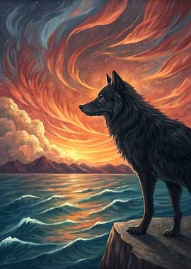 Wolf overlooking a dramatic sunset over the ocean
