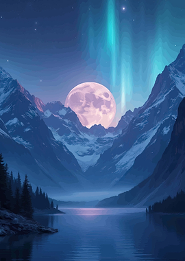Moonlit Aurora Over Mountains and Lake