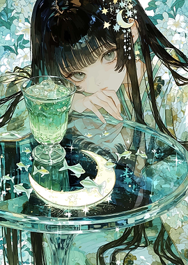 Anime Girl with Moon and Fish