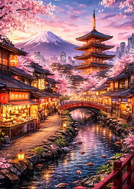 Japanese Village with Mount Fuji