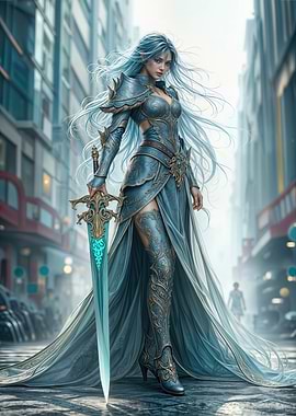 Fantasy Warrior Woman with Glowing Sword
