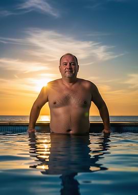 Man in pool at sunset