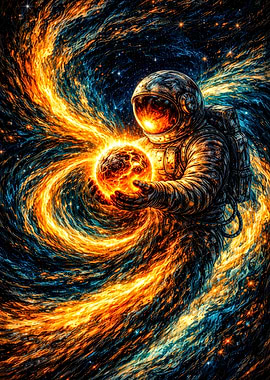 Astronaut Holding a Fiery Planet
