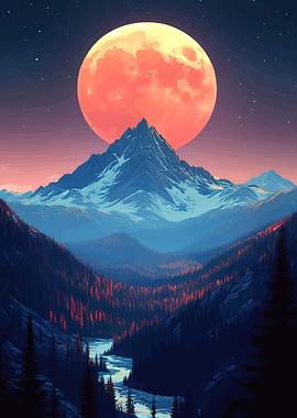 Crimson Moon Over Snowy Mountains