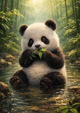 Cute Panda Eating Bamboo in a Stream