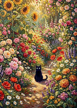 Black Cat in a Floral Garden