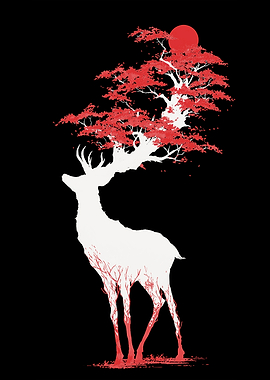 White Deer with Red Tree Antlers