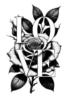 Love text with rose illustration