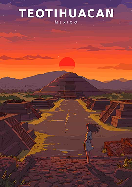 Teotihuacan Sunset with Lone Figure