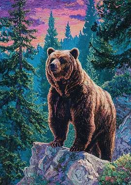 Bear on a rocky outcrop at sunset