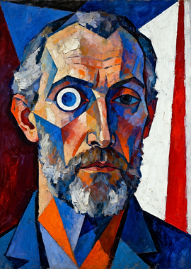 Cubist Self-Portrait with Striking Blue and Red