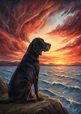 Black Dog Watching a Dramatic Sunset