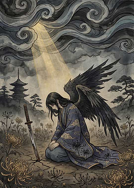 Angel Kneeling in Chrysanthemum Field