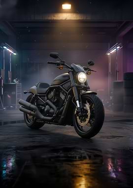 Dark Harley-Davidson V-Rod Night Rod motorcycle in Garage