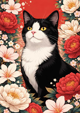 Tuxedo Cat Surrounded by Flowers