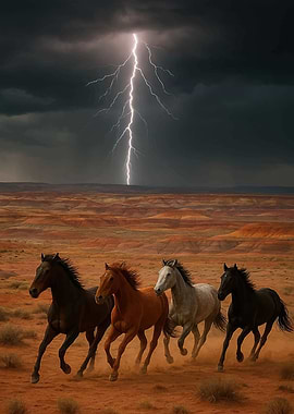 Horses running during a lightning storm
