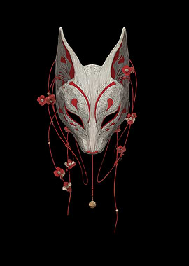 Kitsune Mask with Red Flowers