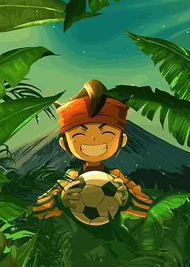 Anime Boy with Soccer Ball in Jungle