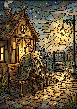 Elderly Beetle Creature in Stained Glass Style