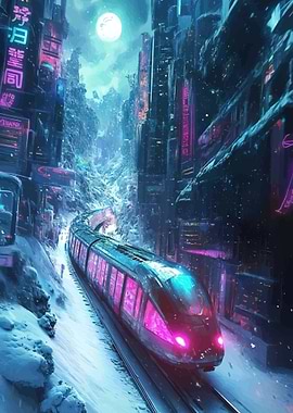Cyberpunk Train in Snowy Cityscape
