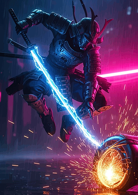 Cyberpunk Samurai with Neon Sword