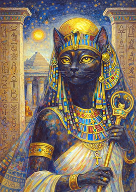 Egyptian Cat Goddess Bastet with Hieroglyphs