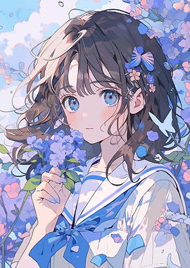 Anime Girl with Blue Flowers