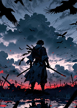 Samurai Warrior Amidst Crows and Stormy Skies